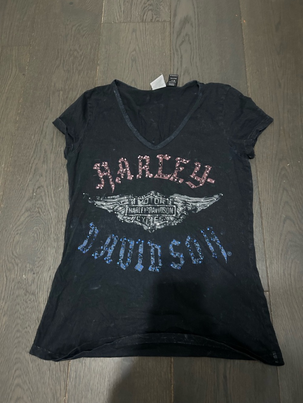 Harley-Davidson Black Tee with Red-Pink and Blue Sequin Logo